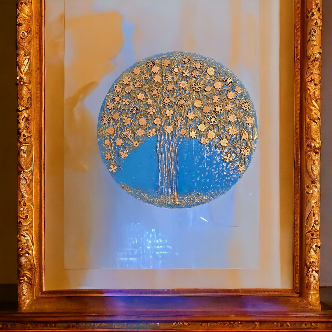 Golden Tree Sculpture Painting | Textured Wall Art, Blue & Gold
