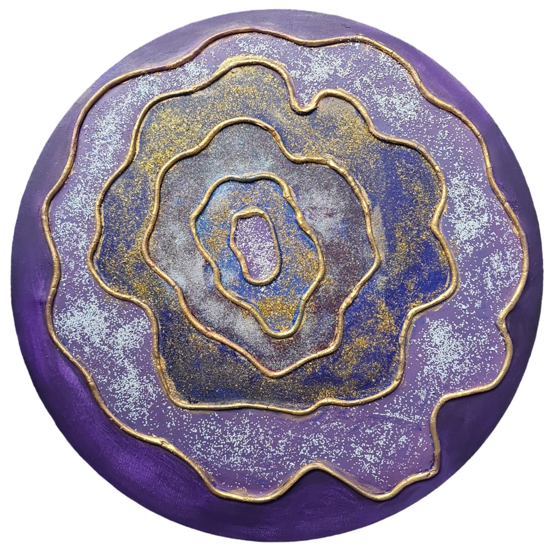 Unique Abstract Art: Purple, Gold, Blue on Round Canvas (20x20)