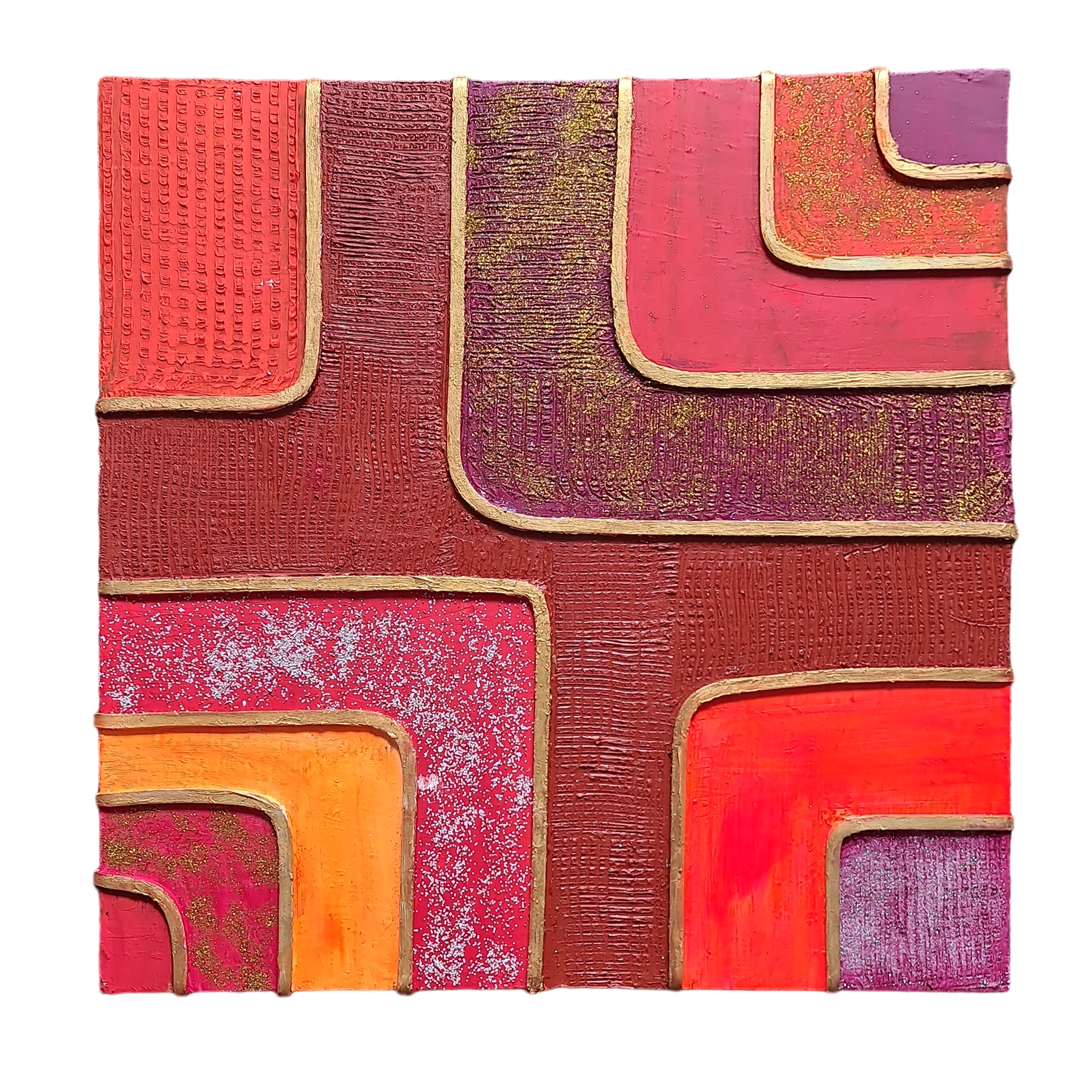 Textured Abstract Painting: Red, Pink, Gold, Glitter Accents