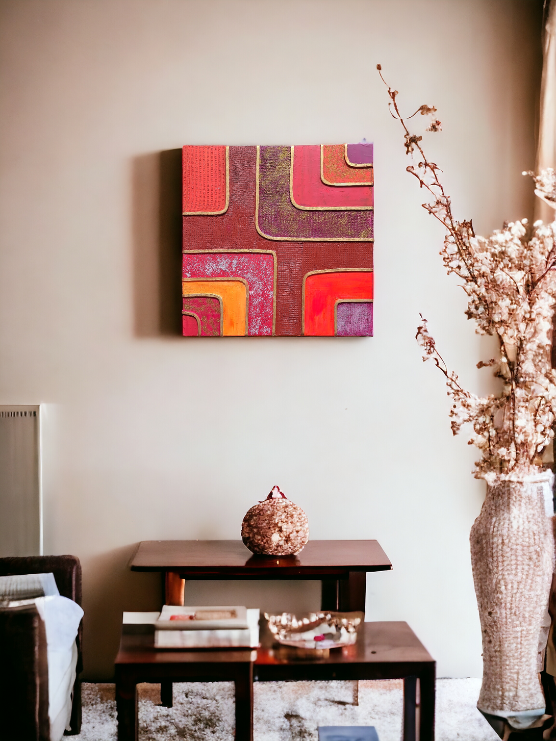 Textured Abstract Painting: Red, Pink, Gold, Glitter Accents