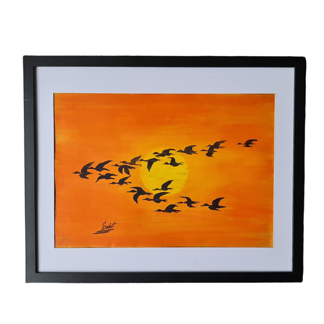 Sunset and Ducks Wall Art - Modern Black Frame, Vibrant Colors