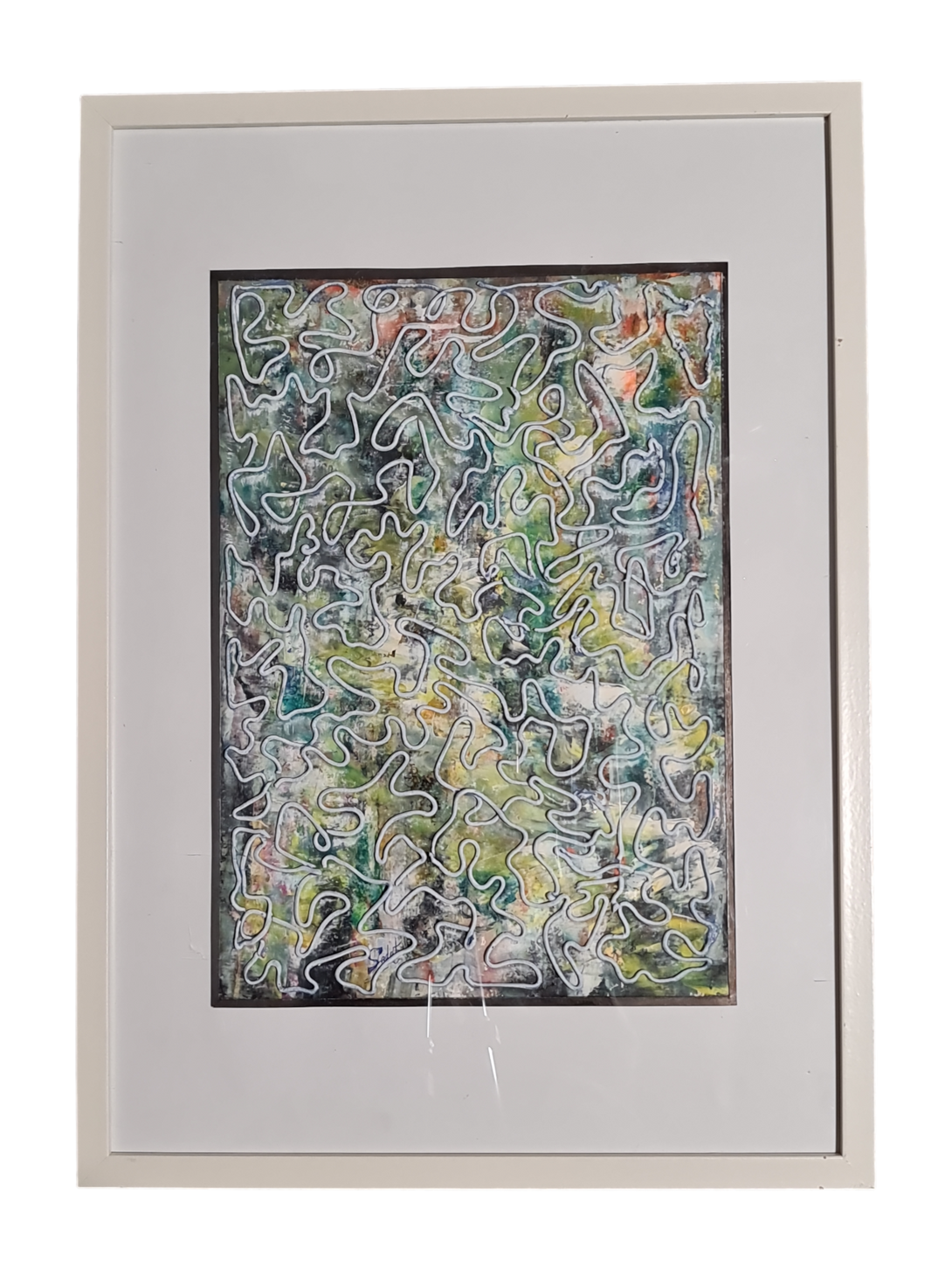 Textured Abstract Painting: Green, Blue, Grey, Easy to Hang