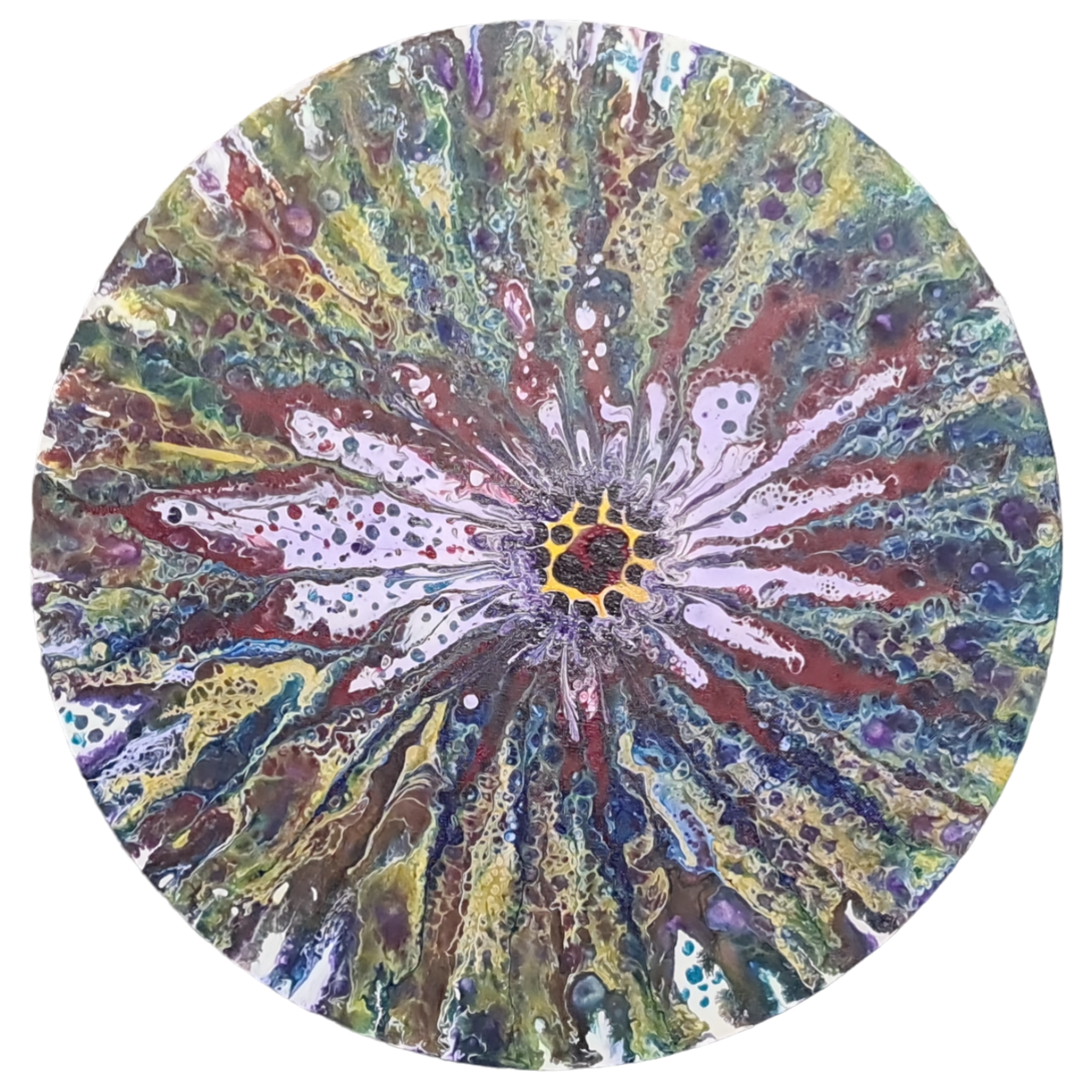 Round Acrylic Painting: Vibrant Colors, Unique Canvas Shape 