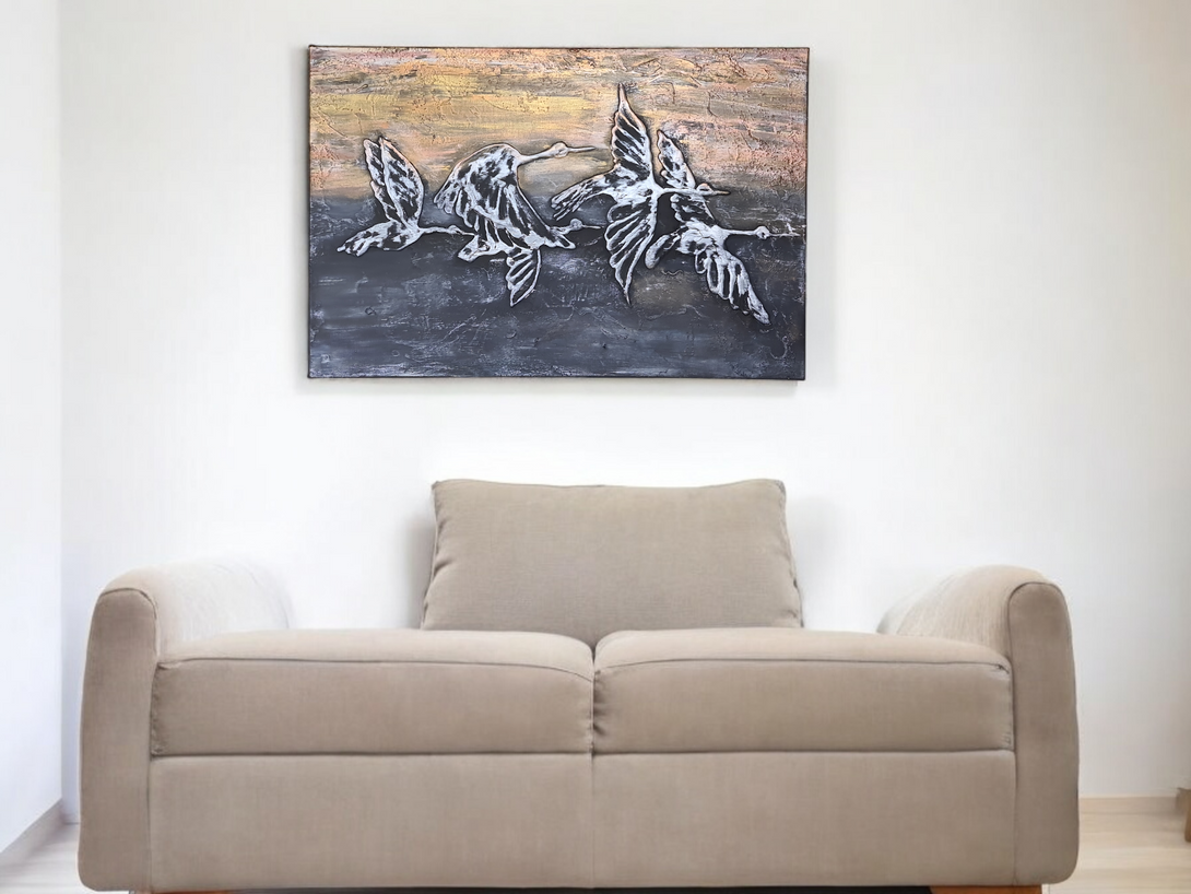 Transform Your Space with Ducks Migration Sculpted Painting