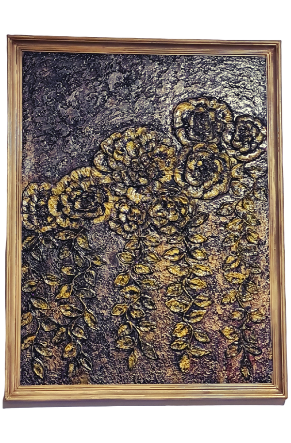 Hand-crafted, Painted Golden Flowers on Resin-Coated Wood - Unique Art Piece