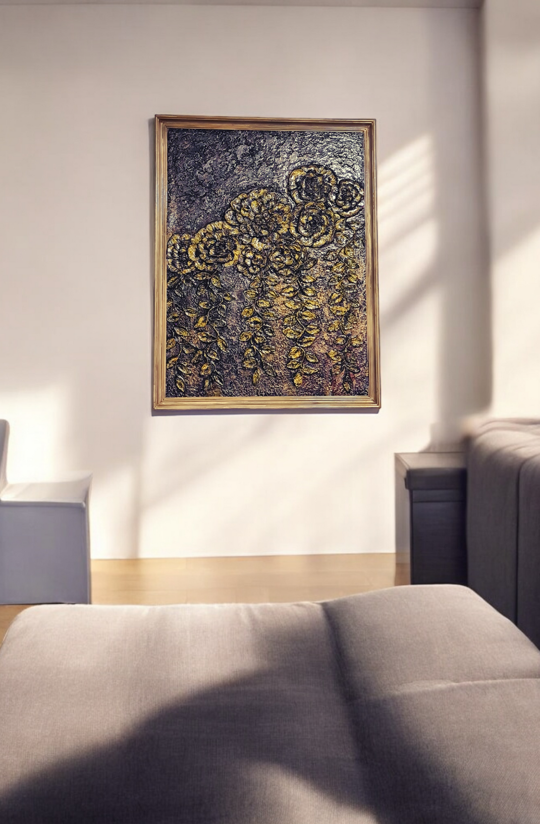 Hand-crafted, Painted Golden Flowers on Resin-Coated Wood - Unique Art Piece