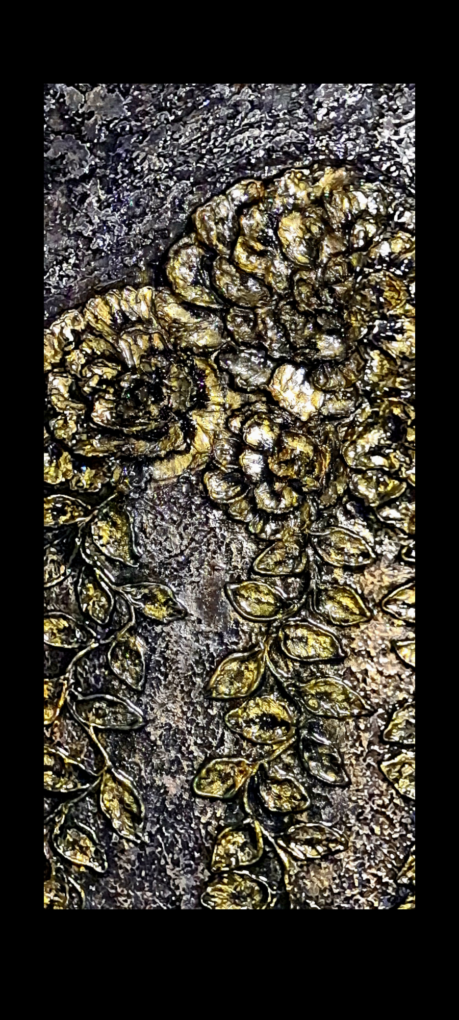 Hand-crafted, Painted Golden Flowers on Resin-Coated Wood - Unique Art Piece