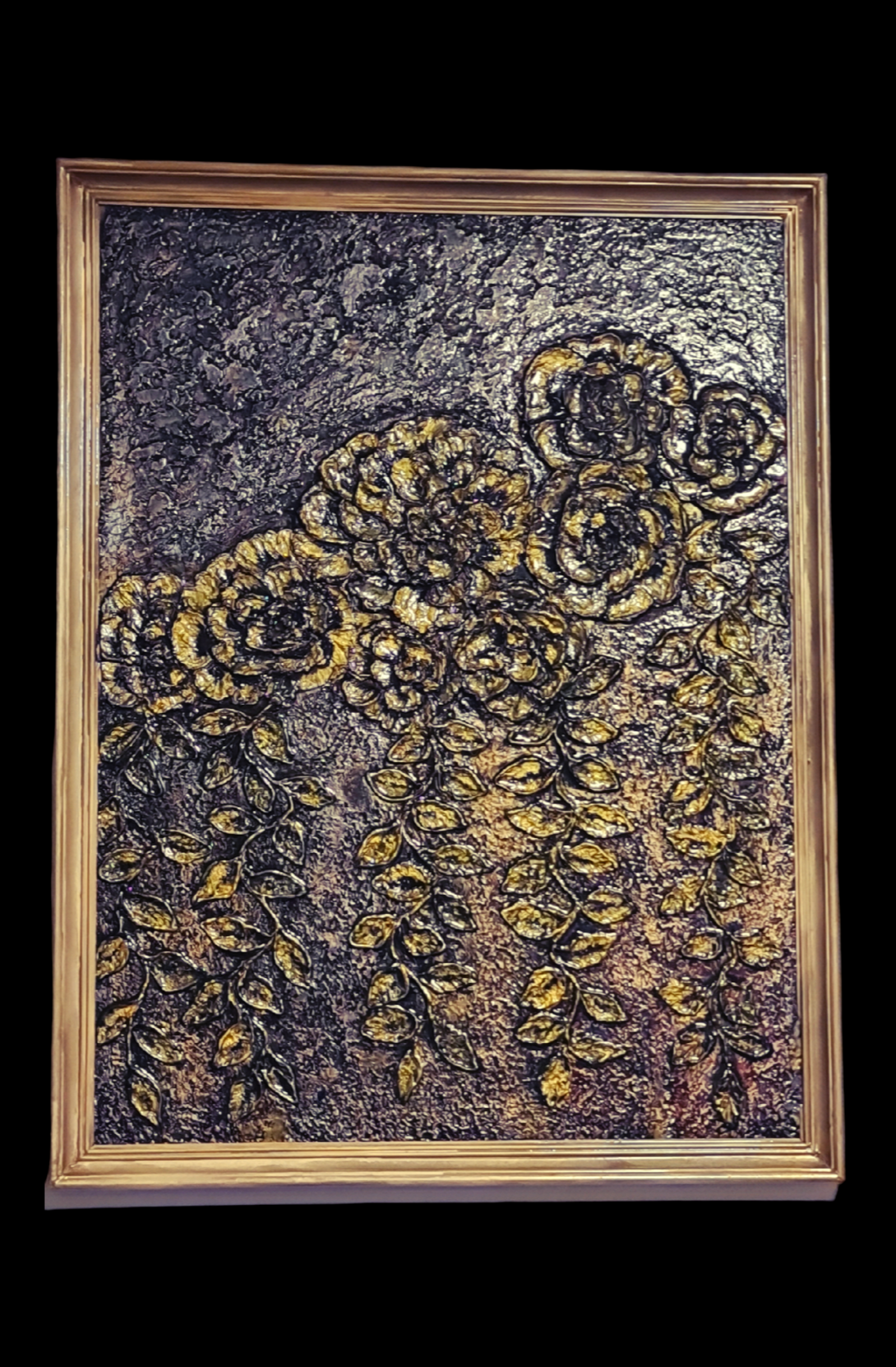 Hand-crafted, Painted Golden Flowers on Resin-Coated Wood - Unique Art Piece