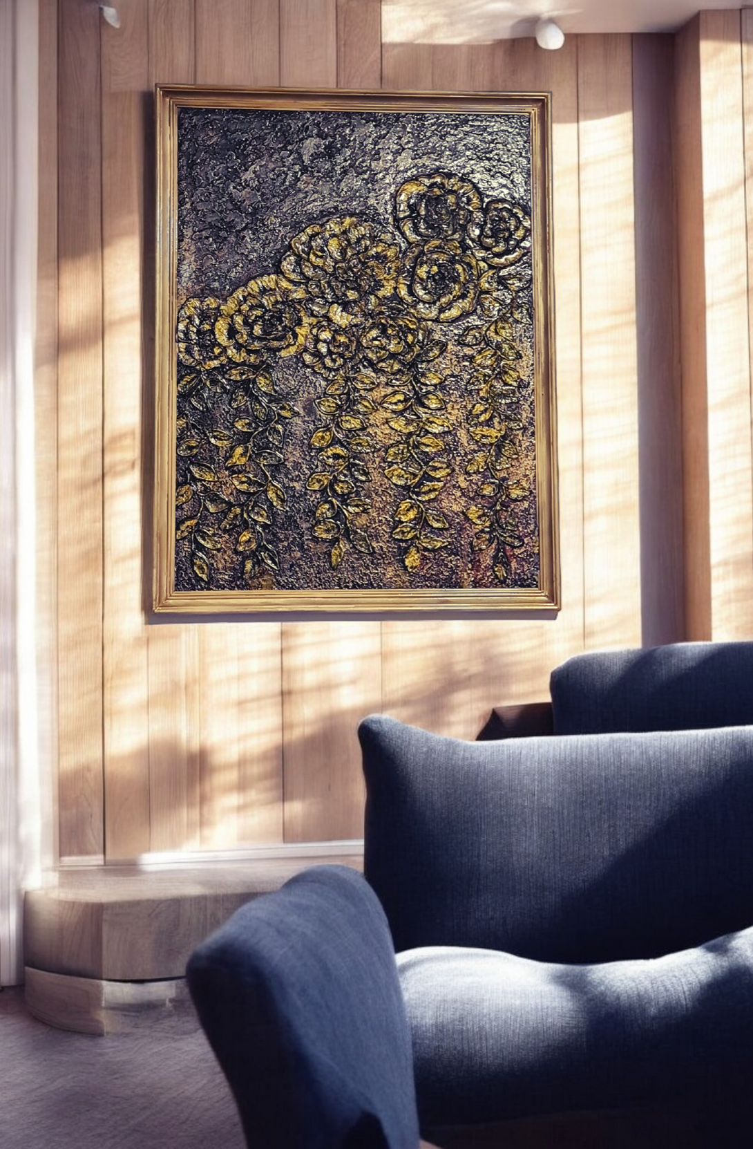 Hand-crafted, Painted Golden Flowers on Resin-Coated Wood - Unique Art Piece